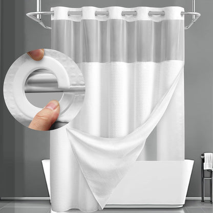 Hookless Shower Curtain with Snap Liner 74x71 Inch - Waffle Texture Double Layer with See-Through Window Waterproof Washable Hotel Quality Bathroom Curtain Set | Grey White Matcha Black | Home Decor Gift