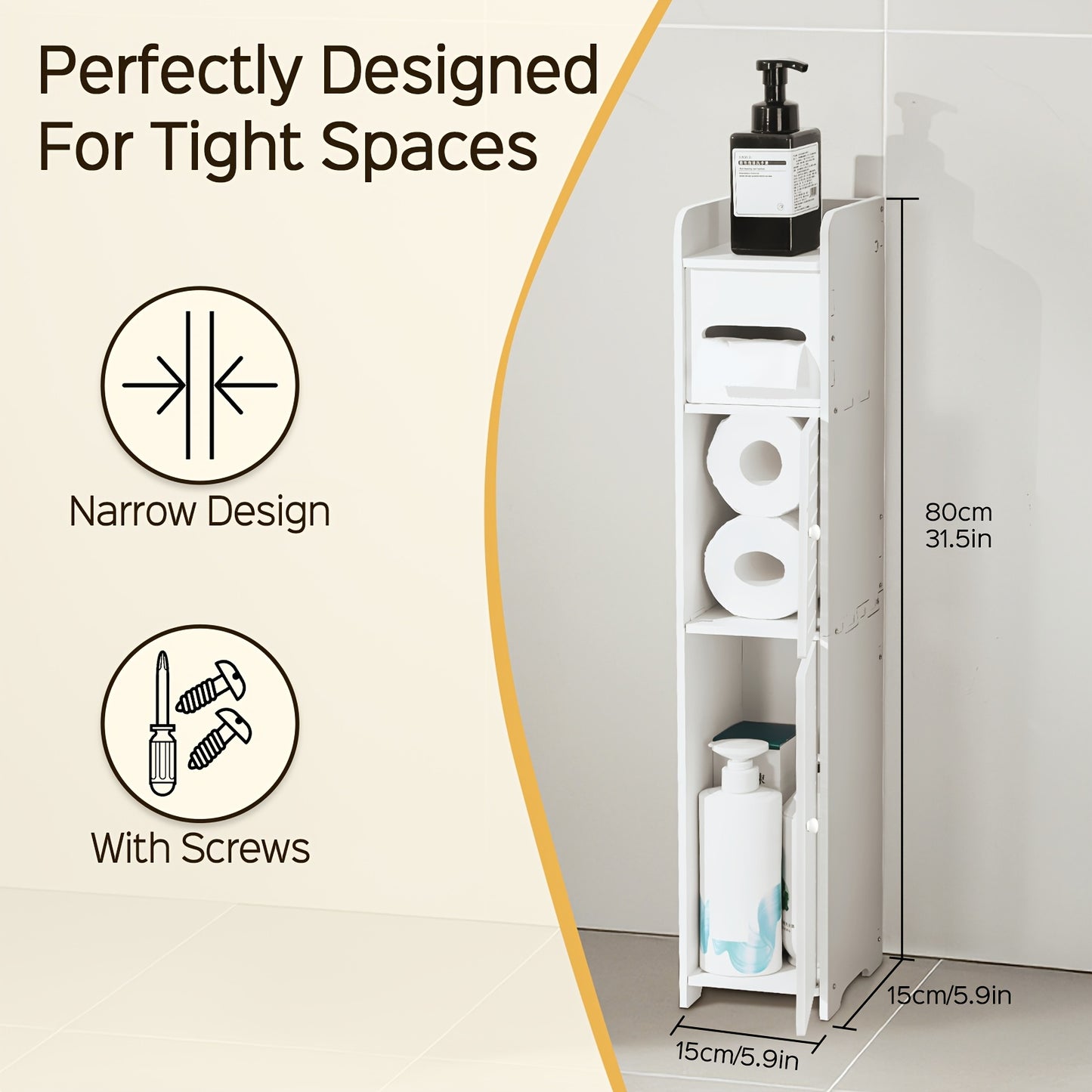 Small Bathroom Storage Cabinet, Slim & Crafed PVC Organizer, Ideal for Tight Spaces, Easy to Assemble & Durable, Multi-purpose Toilet Paper Holder Cabinet for Bathroom, Bedroom & Living Room, Valentine's Day Gift, (9mm Material Thickness), Toilet