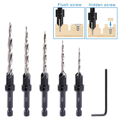 5pcs Countersink Drill Bit Set #4 #6 #8 #10 #12 Tapered with 1/4" Hex Shank Quick-Change – Adjustable Wood Counter Sinker Bits with Allen Wrench for Woodworking