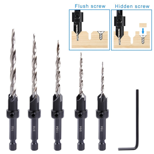5pcs Countersink Drill Bit Set #4 #6 #8 #10 #12 Tapered with 1/4" Hex Shank Quick-Change – Adjustable Wood Counter Sinker Bits with Allen Wrench for Woodworking