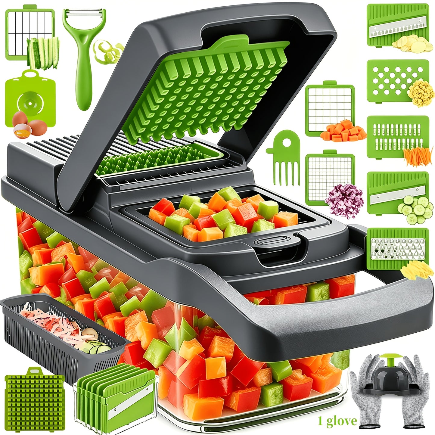 Vegetable Chopper, Onion Chopper, Mandolin Slicer, 18/9-In-1 Professional Food Chopper, Multifunctional Vegetable Chopper And Slicer, Dicing Machine, Adjustable Vegetable Cutter (With Container) (Gray)