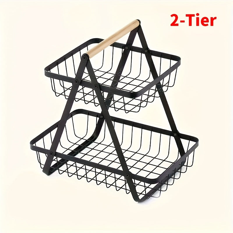 1pc Multi-Tier Detachable Bathroom Storage Basket with Wooden Handle Elegant Metal Wire Countertop Organizer for Home Organization