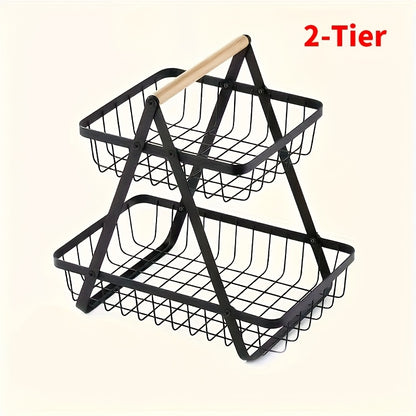 1pc Multi-Tier Detachable Bathroom Storage Basket with Wooden Handle Elegant Metal Wire Countertop Organizer for Home Organization