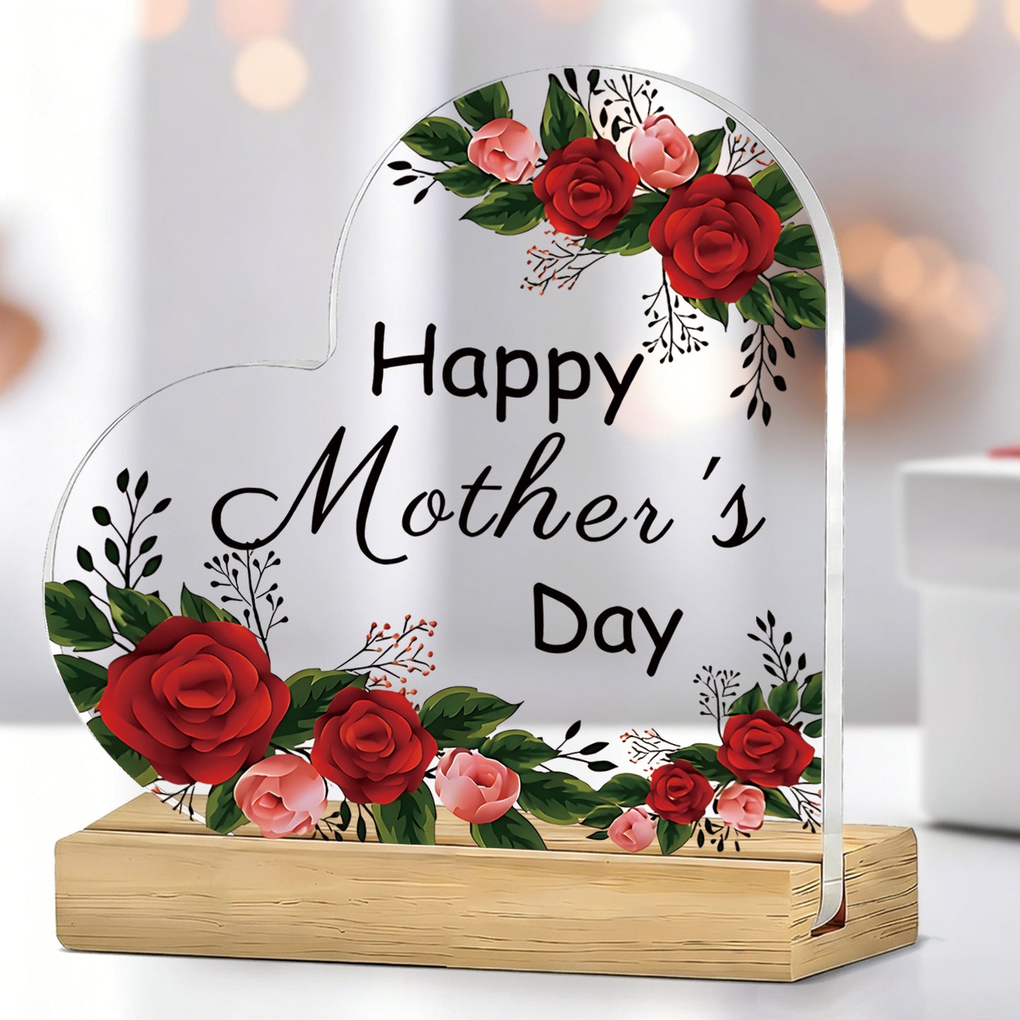 2D Flat, 1pc Floral Happy Mother'S Day Heart-Shaped Acrylic Sign with Wooden Base, Heartwarming Flower Decor for Mom, Perfect Gift for Mother'S Day Celebration, Desktop Ornament for Home Living Room Bedroom