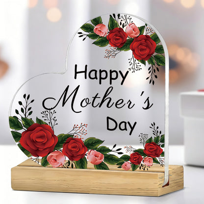 2D Flat, 1pc Floral Happy Mother'S Day Heart-Shaped Acrylic Sign with Wooden Base, Heartwarming Flower Decor for Mom, Perfect Gift for Mother'S Day Celebration, Desktop Ornament for Home Living Room Bedroom