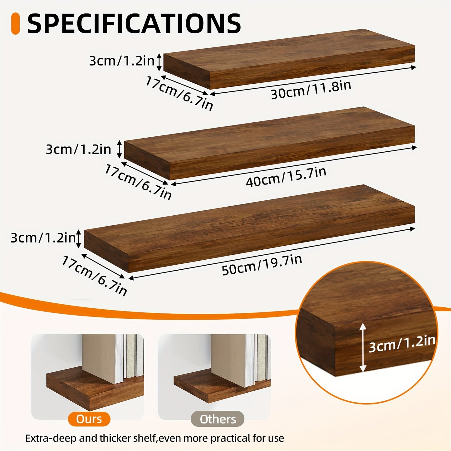 TOMNK 2/4/6pcs Set Floating Shelves, 15.7-inch/19.7-inch/22-inch Wooden Wall-Mounted Shelves, Suitable for Home Decor in Living Rooms and Kitchens, Strong Load-Bearing Capacity, Can Be Installed in Bathrooms, Bedrooms, Living Rooms, or Kitchens