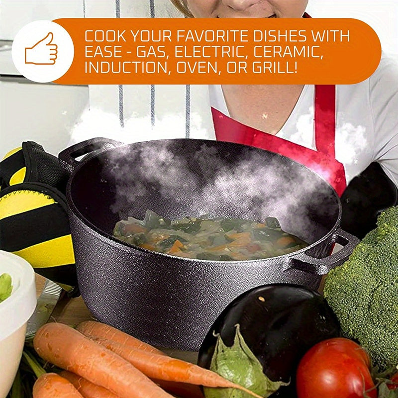 Two-in-one Cast Iron Dutch Pot Set, with 1.9-quart Frying Pot Cover, 6.1-quart Deep-bottomed Pot with Silicone Handle, Scraper and Iron Frame, Double-handle Cast Iron Cooker, Suitable for Oven, Stove, Barbecue, Family Gathering, Christmas.