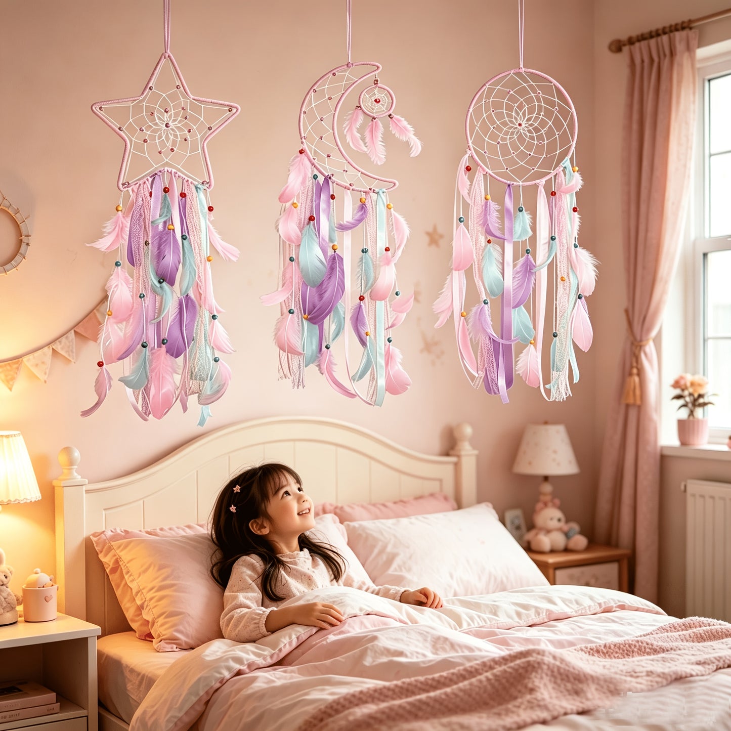 3pcs/LOT Star Moon Sun Dream Catcher Pink Room Decor for Teen Girls Kids Girls Room Decor Princess Bedroom Decor