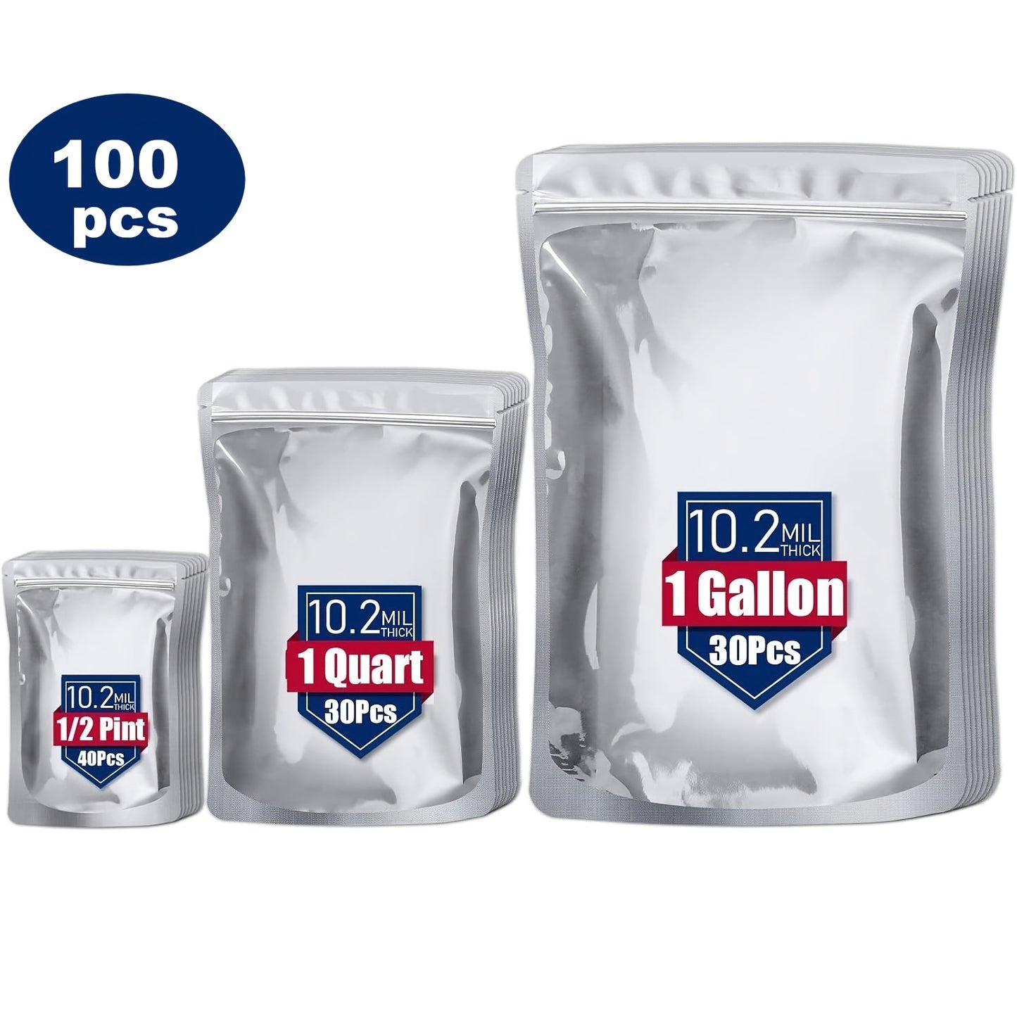[Resealable Mylar Bags] 100 Resealable Mylar Bags For Food Storage - 10 Mil 1 Gallon (30pcs), 8 Mil 1 Quart (30pcs), 6 Mil 1/2 Pint (40pcs), Stand Up