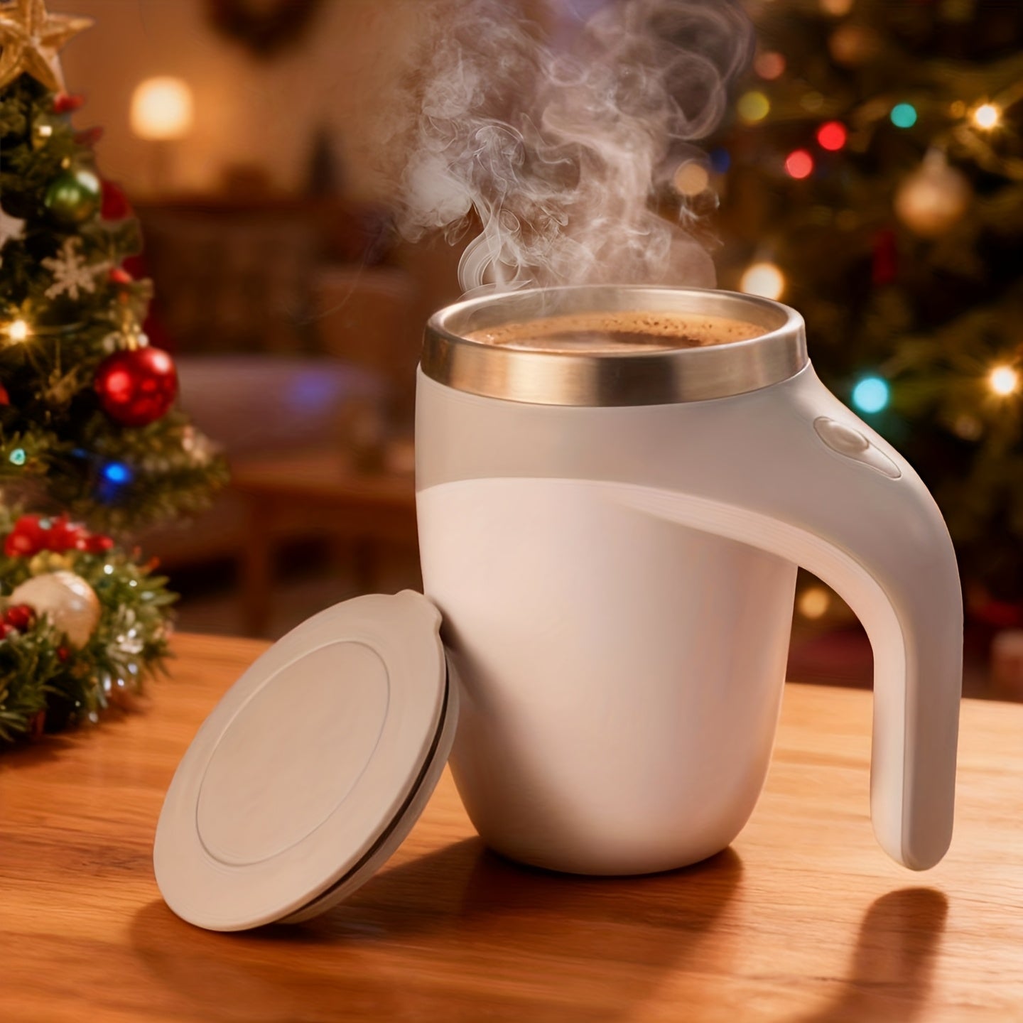 8.45oz Coffee Cup with Even Lid - Automatic Stirring, One-Button Start, Perfect for Coffee, Milk, Protein Powder - Brown And Cream Color, Reusable, Perfect Christmas Gift, Coffee Cup