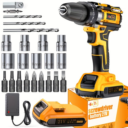 21 Volt Wireless Impact Wrench Drill Set, Heavy-duty Impact Drill, Optional 2AH/4AH Battery, Toolbox, Charger, And Complete Set Of Drill Bit Accessories, Suitable for Car Repair And Heavy-duty DIY, Is The Perfect Gift for Male Fathers