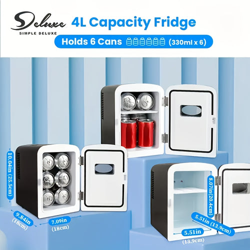 Aesthetic Mini Fridge 4 Liter with Stickers - Portable Cooler and Warmer for 6 Cans, AC/DC Compact Refrigerator for Bedroom, Office, Dorm & Car, Cute Mini Fridge Gift for Friends, Black Pink Red