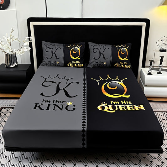 3pcs Super Soft Breathable Black Grey Color Blocking Crown Letter Bed Sheet(1pc Bed Sheet+2pcs Pillowcase No Filling), Deep Pocket In 15 Inch, Mattress Protector Bedroom Dormitory High Definition Printing Suitable For All Seasons Room Decor