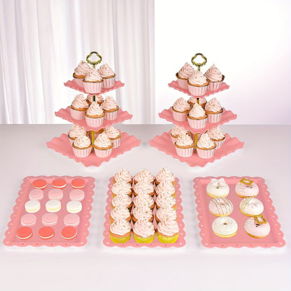 5 Cake Stand Set with 2 Square Three-Tier Cupcake Stands, 3 Appetizer Trays for Birthday Baby Bridal Shower Party Christmas Halloween (Pink)