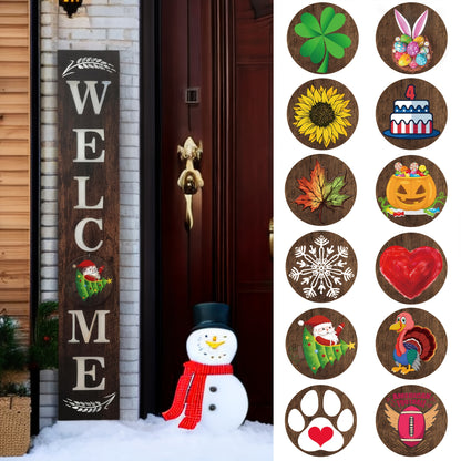 Porch Sign with 12 Interchangeable Seasonal Icons 47 Inch Tall - Welcome Sign for Front Door, Wind Resistant Leaner Board for Patio Yard Farmhouse Entryway, 4th of July Independence Day Decor