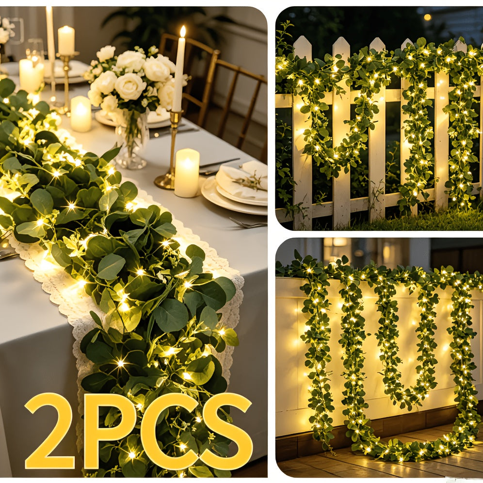 Lighted Eucalyptus Wreath Garland 6FT LED 2 Pack - Artificial Green Vine with Warm Lights for Wedding Centerpiece, Table Runner, Backdrop, Home & Seasonal Decor