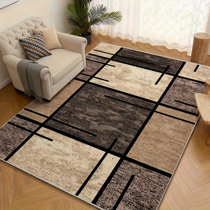 Luxury Velvet Area Mat - Premium Machine Washable, Fade-Resistant Polyester Mat for Living Room, Bedroom, Office, And Outdoor Decor - Rectangle, Lightweight, And Easy to Clean - 850 GSM, Beige And Brown Geometric Pattern, Comfortable Bedroom Mat