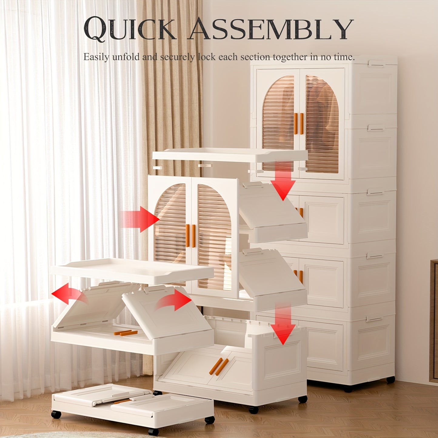 Storage Bins, 25.6" Side Wide Folding Wardrobe, 25.6" X 14.6" X 63" with Magnetic Door, Plastic Storage Cabinet on Wheels (One Wardrobe Level And Three (Or Two) Folding Boxes And 10 Hangers And 4 Hooks)