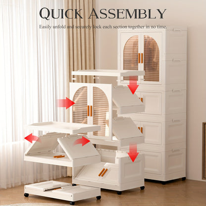 Storage Bins, 25.6" Side Wide Folding Wardrobe, 25.6" X 14.6" X 63" with Magnetic Door, Plastic Storage Cabinet on Wheels (One Wardrobe Level And Three (Or Two) Folding Boxes And 10 Hangers And 4 Hooks)