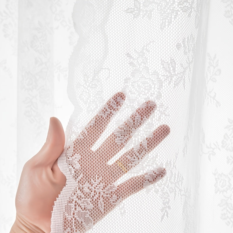 Set of Two White Lace Curtains with Floral Designs, Featuring a Bohemian Style And Semi-Transparent Fabric That Filters Sunlight. Suitable for All Seasons