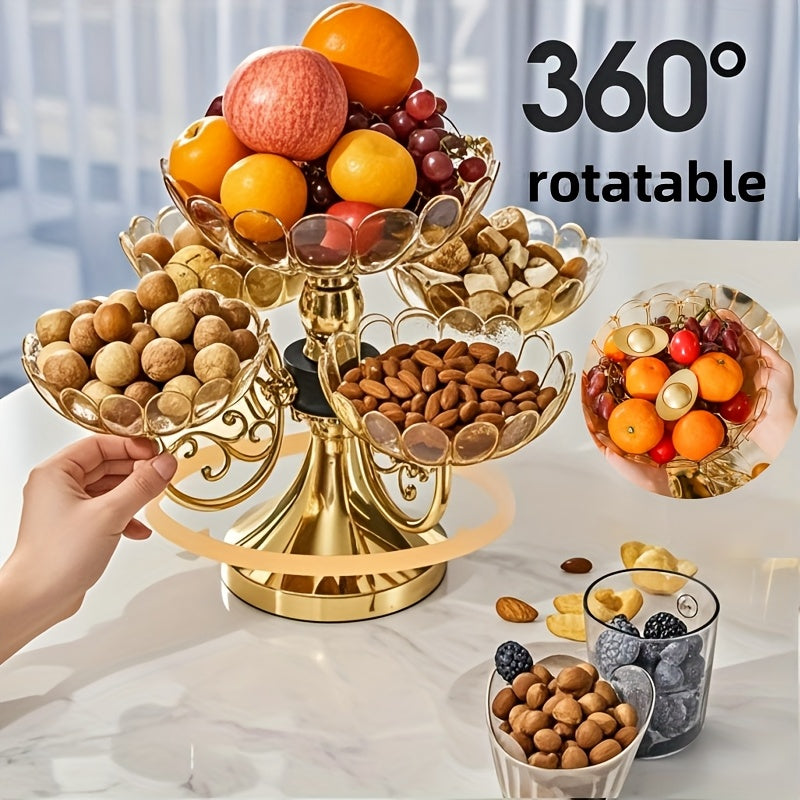 A Set of Crystal Multi-Layer Five-Plate Rotating Fruit Plate, Modern Home Living Room Coffee Table Light Luxury Snack Candy Plate, Elegant European Crystal Fruit Bowl Set - Perfect for Snacks And Candy Decoration Bowl, Home Decoration Must-Have