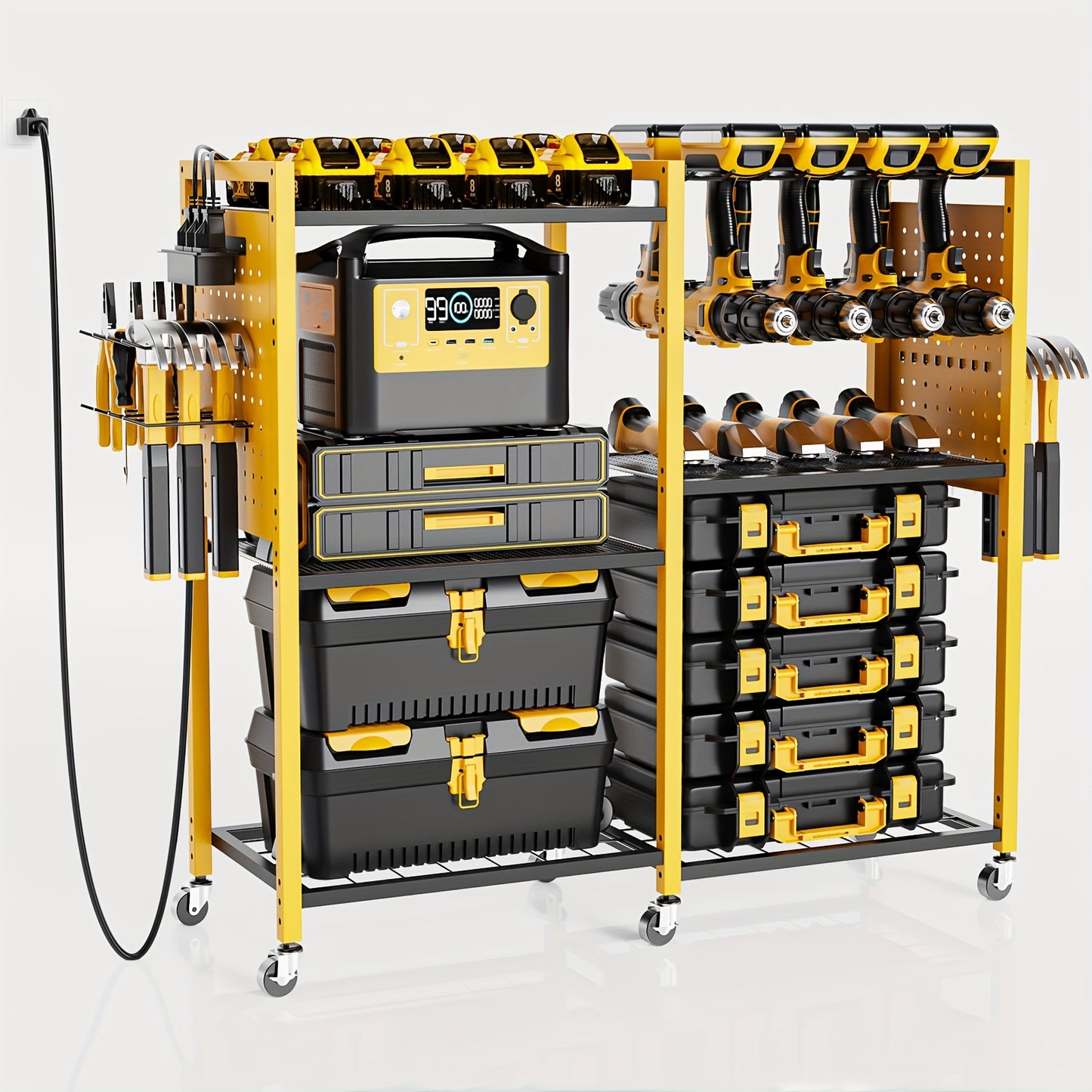 Geawokyie Power Tool Organizer Featuring a Charging Station, a Mobile Tool Cart Equipped with 12 Drill Holders, 5 Storage Shelves, And a Utility Rack Toolbox That Includes a Battery Charging Power Strip, Suitable for Garages, Workshops, And More
