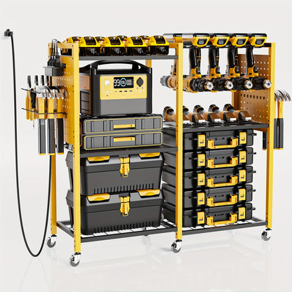 Geawokyie Power Tool Organizer Featuring a Charging Station, a Mobile Tool Cart Equipped with 12 Drill Holders, 5 Storage Shelves, And a Utility Rack Toolbox That Includes a Battery Charging Power Strip, Suitable for Garages, Workshops, And More
