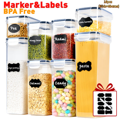 (4/8/15/16lids+4/8/15/16boxes) Plastic Food Airtight Box with Lids, Food Storage Containers, BPA Free, LeakProof, Stackable, for Kitchen, Grain, Nuts, Cereal, Pasta, Organizers And Storage, for Dog Food, Cat Food, with Labels And A Marker, Gifts