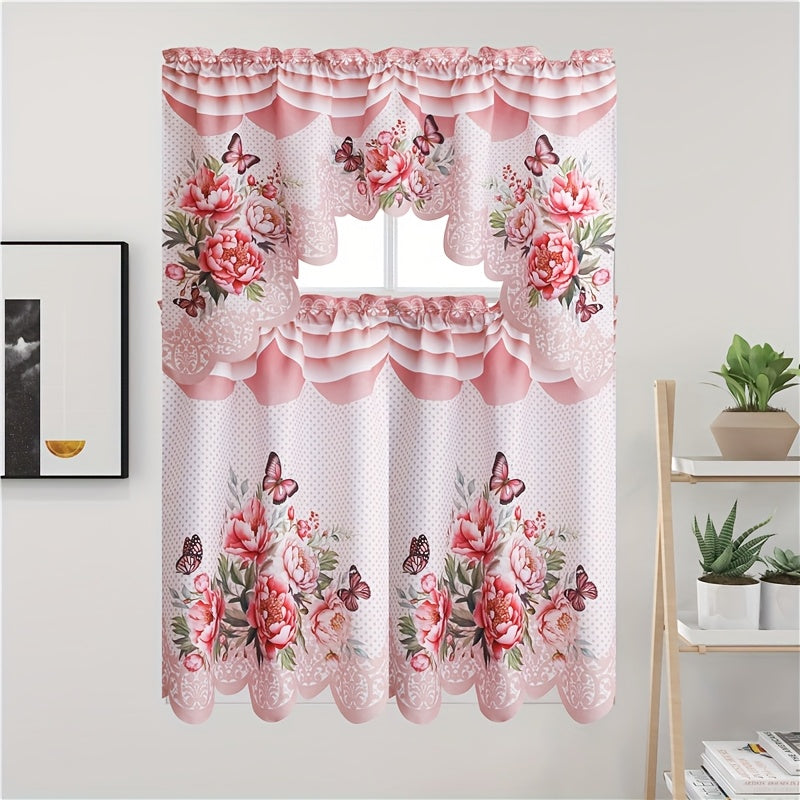 3pcs/set Of Kitchen Curtains for Windows, Polyester Fabric, Printing Process, Beautiful Butterfly Flowers And Butterfly Patterns, Suitable for Kitchen And Restaurant Window Shading, Bathroom, Living Room, Bedroom, Wedding And Party Decoration.