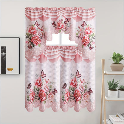 3pcs/set Of Kitchen Curtains for Windows, Polyester Fabric, Printing Process, Beautiful Butterfly Flowers And Butterfly Patterns, Suitable for Kitchen And Restaurant Window Shading, Bathroom, Living Room, Bedroom, Wedding And Party Decoration.