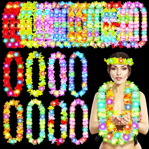 Micrency 26pcs Light Up Hawaiian Leis LED Light Up Flower Leis Necklace Hawaiian Leis with LED Lights Beach TParty Packs for Valentine,Carnival,Ramadan,Easter,Wedding,St Patrick