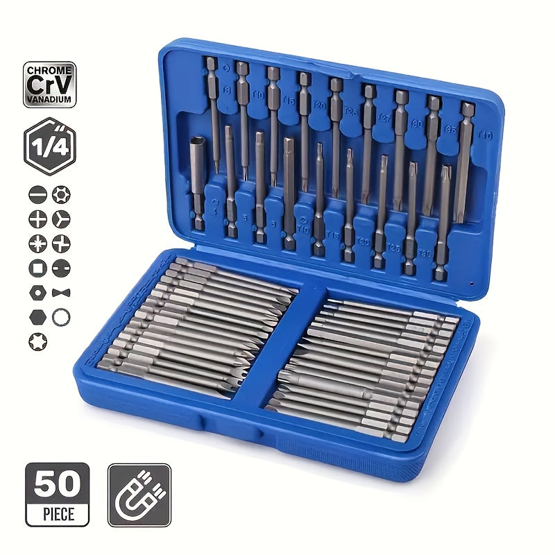 Set of 50 Magnetic Screwdriver Bits - Extended 75Mm Safety Bits for 1/4 Screwdrivers - Includes Torx, Star, Hex, And Spline Bits