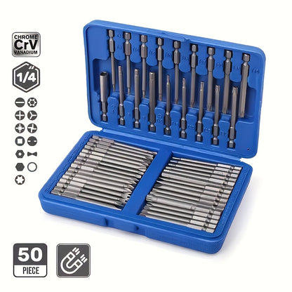 Set of 50 Magnetic Screwdriver Bits - Extended 75Mm Safety Bits for 1/4 Screwdrivers - Includes Torx, Star, Hex, And Spline Bits