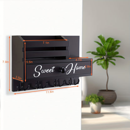 Key Holder for Wall with Drawer 8 Hooks – Rustic Wood Wall Mounted Key & Mail Organizer for Entryway, Kitchen, Mudroom, Office, Adhesive & Paintable Hooks, Space Saving Entryway Decor Storage