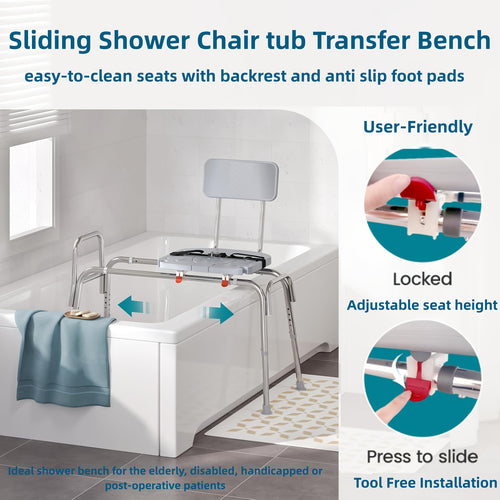 [Heavy Duty Shower Chair] Heavy Duty 400Lbs Sliding Shower Chair Transfer Bench | Non-Slip Adjustable Height, Safety Belt - Effortless Tool-Free Bath Seat for Elderly, Disabled & Recovery - 39" Extralong Shower Bench for Relaxing, Stress-Free Showers, Per