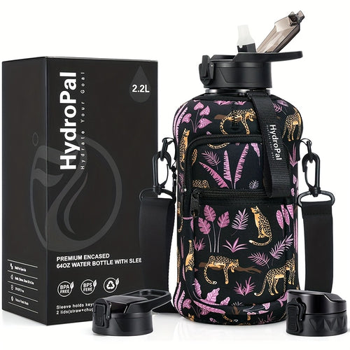 Half Gallon Water Bottle with Storage Sleeve, 74oz Large Water Bottle with 2 Lids(Straw Lid And Chug Lid), Big Sports Water Jug for Gym with Strap, BPA-Free Drink Container with Handle