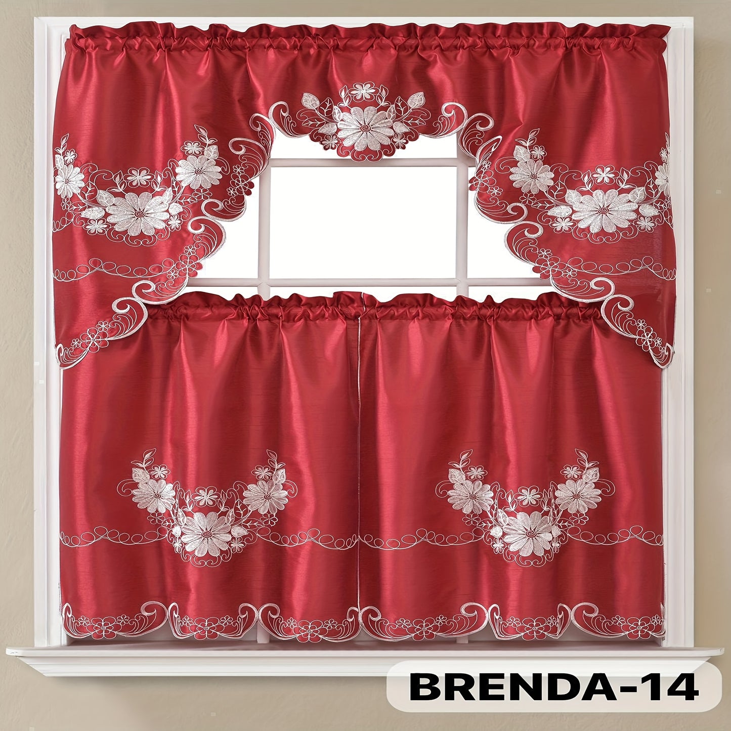 3pcs Embroidery Kitchen Curtains Set Flowers Embroidery Satin Fabric Faux Lightweight Soft Easy Care Machine Washable 49 Design Styles Available Holiday Gifts for Family Local Warehouse All Season Use Summer