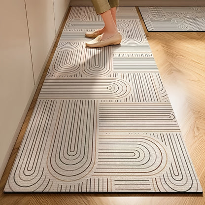 Nordic Style Kitchen Mat - Thickened Absorbent Non-Slip Rubber Backing, Floral Pattern Beige/Brown, Durable for High Traffic Areas, Hand Wash Solely
