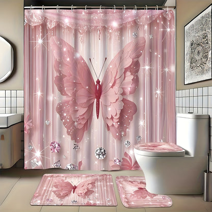 1pc/4pcs Diamond Butterfly Print Bath Curtain Set, Non-slip Bathroom, U-shaped, Toilet Seat Cover, Machine-washable Nylon Bath Curtain With 12 Durable Hooks 70.8x70.8 Inches, Bathroom Decorations And Accessories, Suitable For All Season