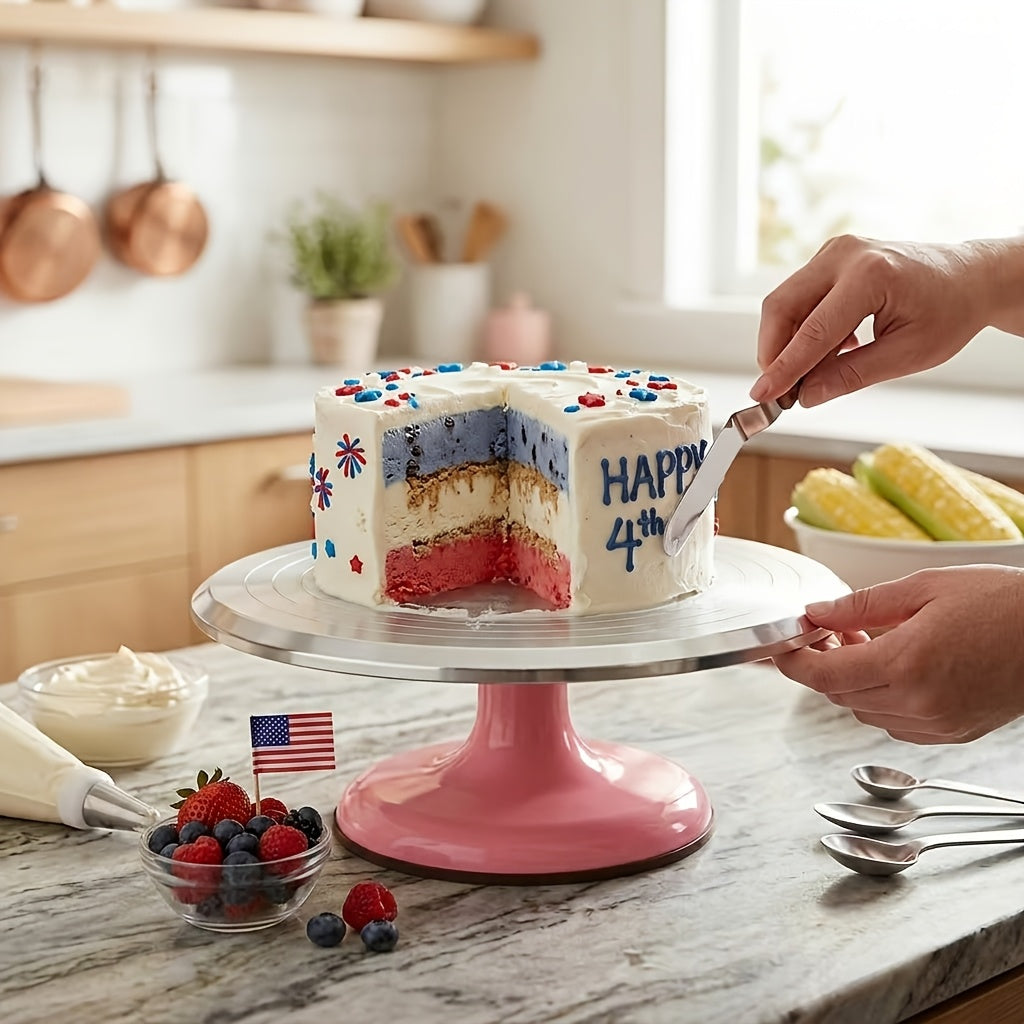 10 Inch Aluminum Cake Turntable Stand - 360° Smooth Rotation - Base Giratoria Para Pastel Pro - Includes Free Frosting Spatula - Heavy Duty Baking Supplies. Perfect for Cakes, New Year Themed Desserts, Holiday Treats, Birthday, Wedding Bakes
