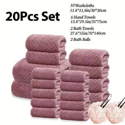 18/20pcs Bath Towel Set, Enlarged Women'S And Men'S Coral Fleece Bath Towels, 100% Microfiber Bath Towel Set, Absorbent, Quick Drying, Soft And Comfortable, Large Bath Towels Suitable For Home, Bathroom, Spa Or Gift, Bath Ball, Wash Cloths