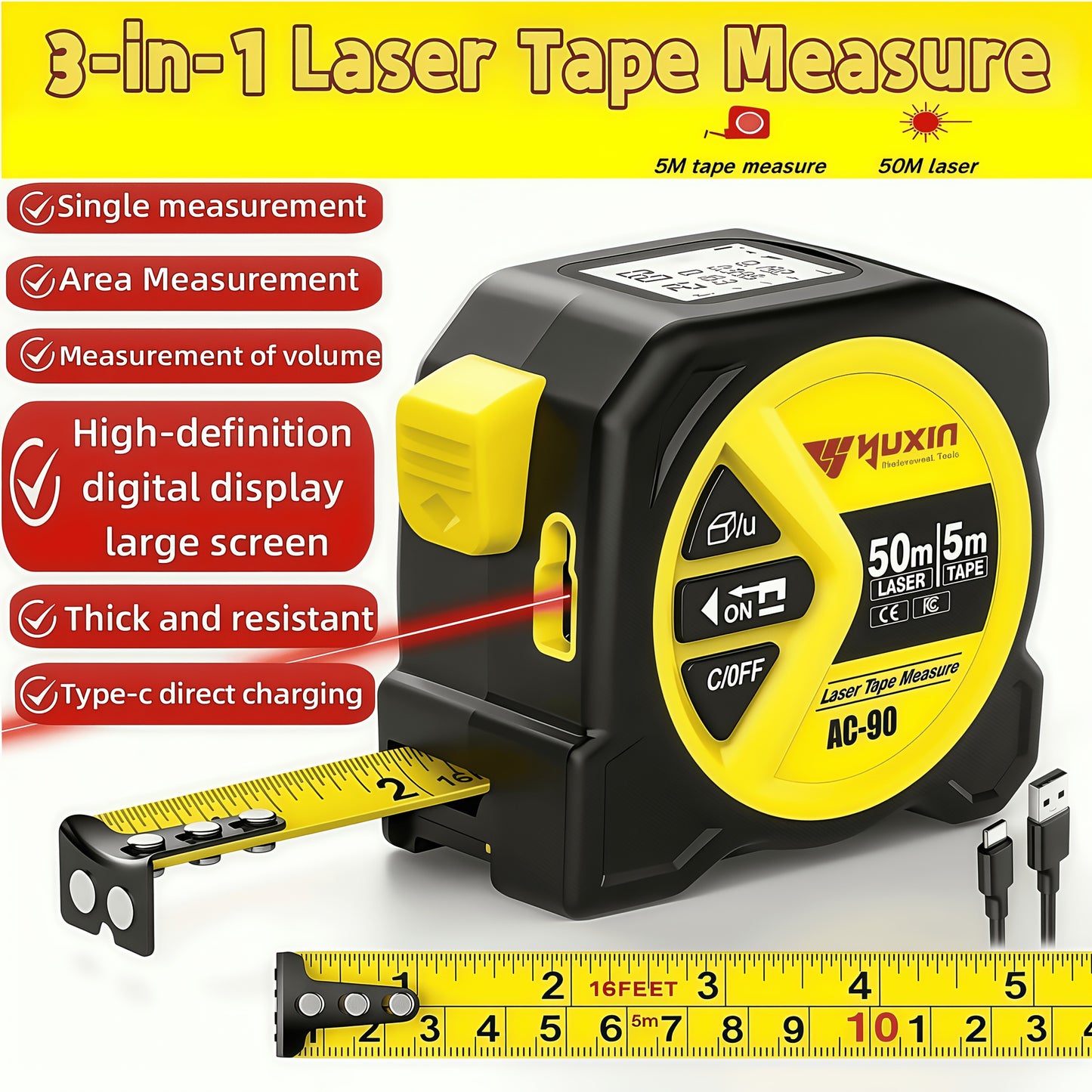 Laser Tape Measure - Digital Distance, Laser Tape Measure 50M/165ft High-precision Multi-function 3-in-1 Infrared High Definition Smart Digital Display, Laser Ranging, Portable M/in/Ft Unit Switching Support USB Charging, Optimized Ergonomics, Gift