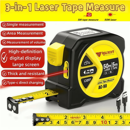 Laser Tape Measure - Digital Distance, Laser Tape Measure 50M/165ft High-precision Multi-function 3-in-1 Infrared High Definition Smart Digital Display, Laser Ranging, Portable M/in/Ft Unit Switching Support USB Charging, Optimized Ergonomics, Gift
