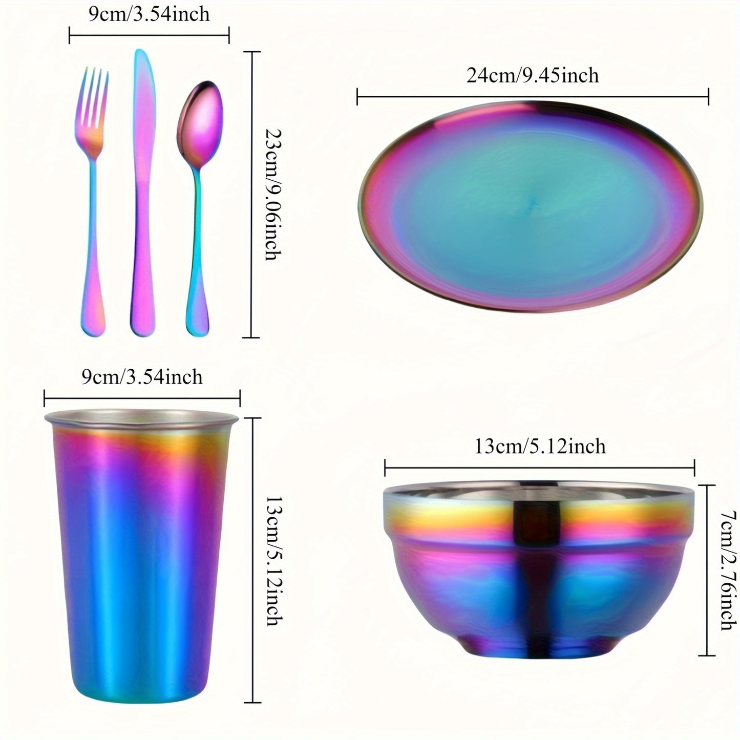 36/12pcs Rainbow Stainless Steel Camping Tableware Kit - 6 Sets Plates Bowls Cups with Forks Spoons Knives | Lightweight Dishware for Outdoor Family Picnic Backpacking Durable And Easy Clean
