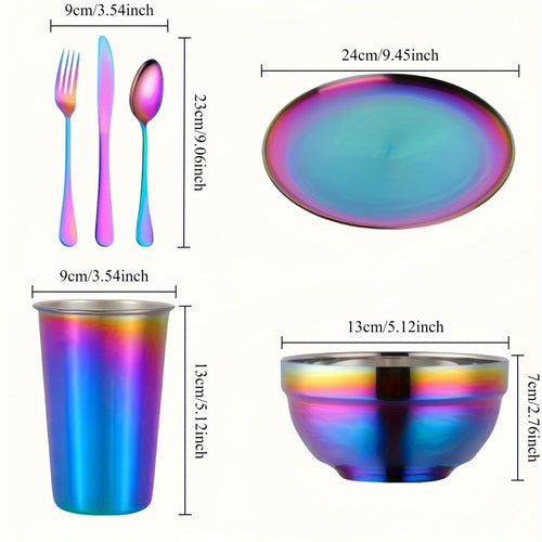 36/12pcs Rainbow Stainless Steel Camping Tableware Kit - 6 Sets Plates Bowls Cups with Forks Spoons Knives | Lightweight Dishware for Outdoor Family Picnic Backpacking Durable And Easy Clean
