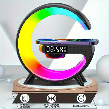 Version LED RGB Night Light Multifunctional Cell Phone Wireless Charging Station Fast Wireless Charger Portable Speaker Hi-FI Sound Quality Alarm Clock for iPhone 16 15 14 13 12 11 X for 4 3 2 for Holiday Gift