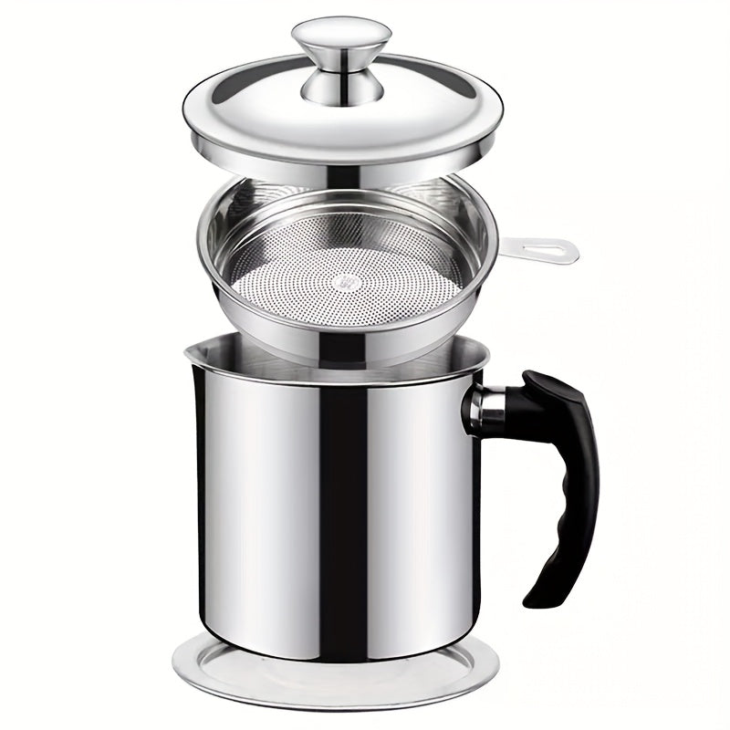 1pc Kitchen Grease Container with Strainer, BPA Free Stainless Steel, Round Shape, Hand Wash Only, Easy Pour Handle, for Storing Cooking Oils and Fats, Essential Kitchen Accessories