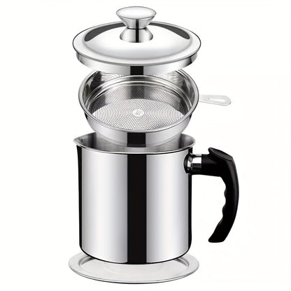 1pc Kitchen Grease Container with Strainer, BPA Free Stainless Steel, Round Shape, Hand Wash Only, Easy Pour Handle, for Storing Cooking Oils and Fats, Essential Kitchen Accessories