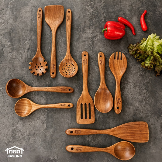 10pcs Wooden Spoons for Cooking, Natural Teak Wooden Kitchen Utensils Set Non-Stick Kitchen Pan Toolset Wooden Utensils for Cooking Wooden Cooking Utensils Wooden Spatulas for Cooking