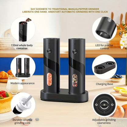1/2PCS Rechargeable Electric Salt And Pepper Grinder, Automatic Salt & Pepper Mills with LED Light, Adjustable Coarseness, 3.72oz Large Capacity for Home Kitchen BBQ, Restaurant, Outdoor, Wedding Gift